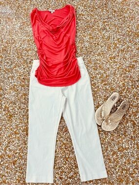 Cache Coral Draped Cowl Neck Ruched Top Size Small Slimming Stretch Tank